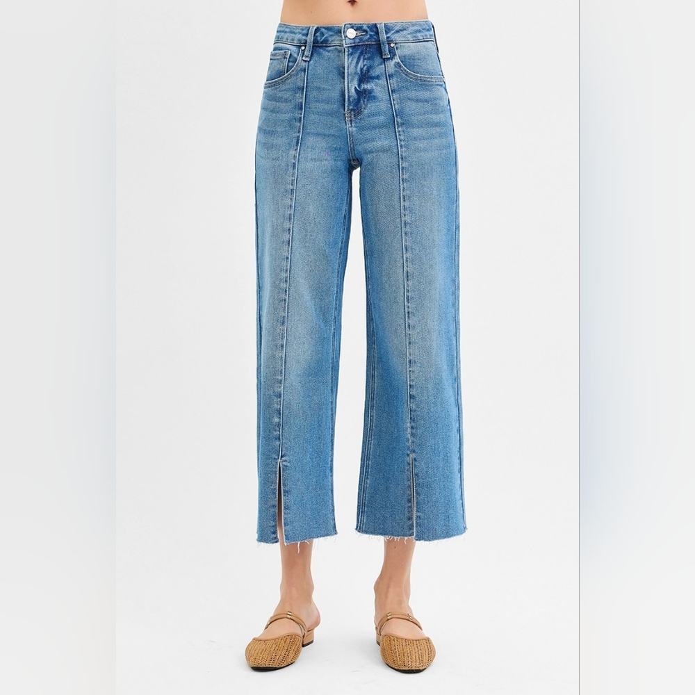 RISEN Mid-Rise Tummy Control Pintuck Seam Wide Leg Pants Slit Hem Denim Jeans - Picture 12 of 16